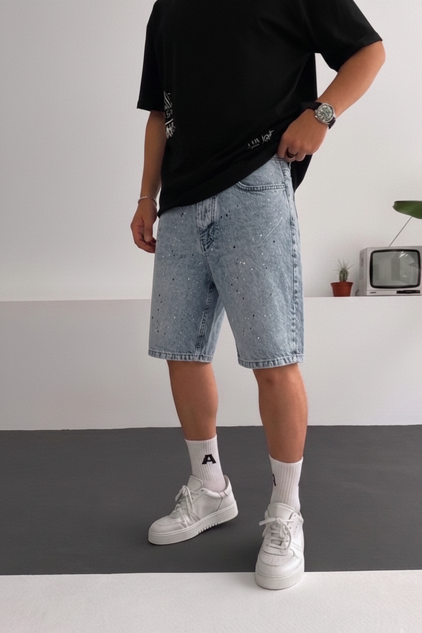 Βερμούδα Denim Relaxed Paint Splatter Studio – Ανοιχτό Μπλε