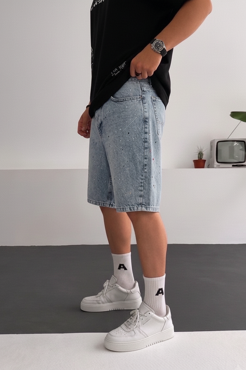 Βερμούδα Denim Relaxed Paint Splatter Studio – Ανοιχτό Μπλε