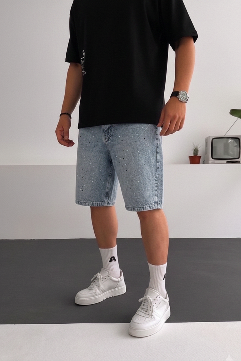 Βερμούδα Denim Relaxed Paint Splatter Studio – Ανοιχτό Μπλε