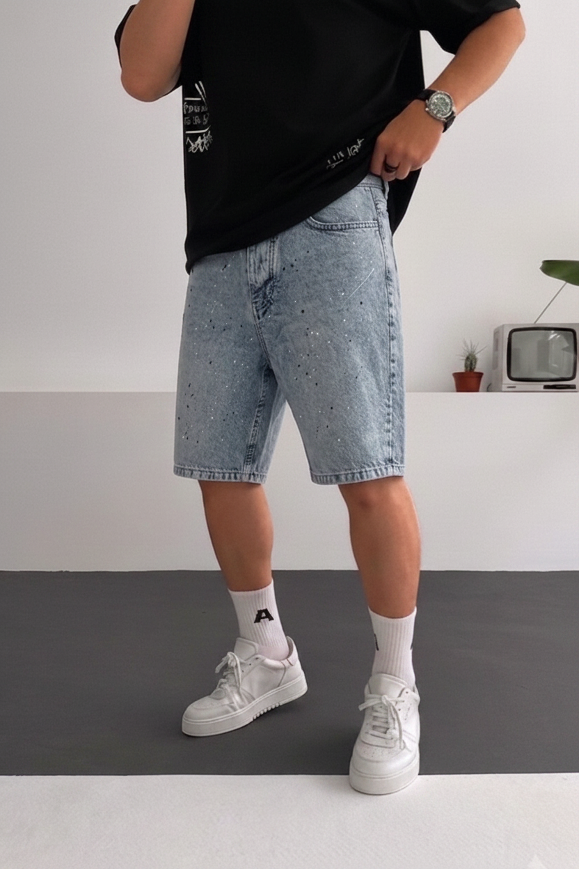 Βερμούδα Denim Relaxed Paint Splatter Studio – Ανοιχτό Μπλε
