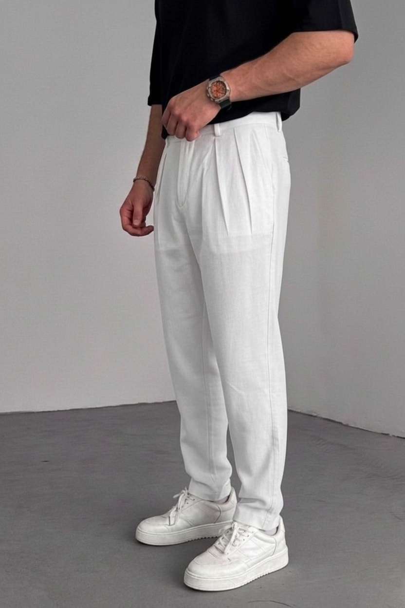 Riviera Pleated Tencel Παντελόνι σε Loose Fit Γραμμή-Λευκό