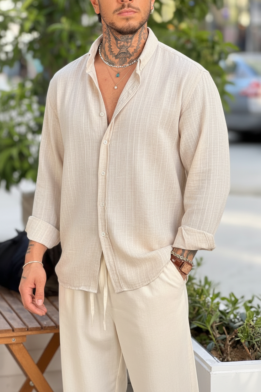 Πουκάμισο Linen-Blend Textured Stripe Studio – Μπεζ