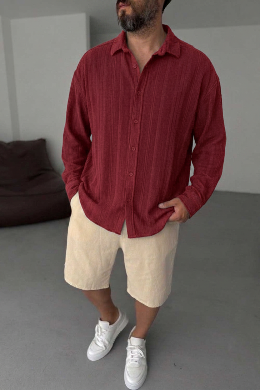 Πουκάμισο Linen-Blend Vertical Stripe Studio – Κόκκινο-Μπορντό