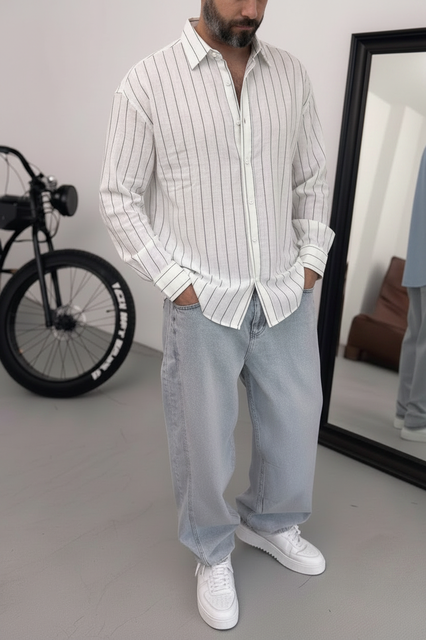 Πουκάμισο Linen-Blend Vertical Stripe Studio – Λευκό