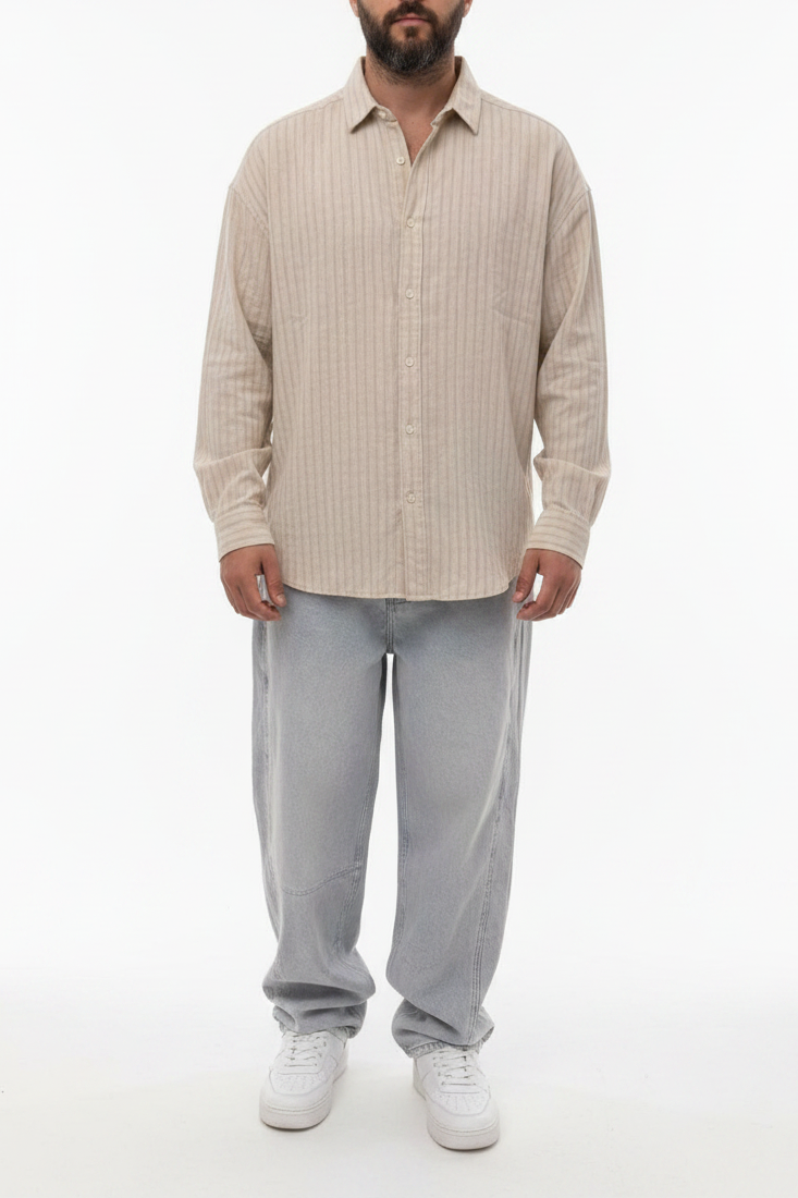 Oversized Πουκάμισο Linen-Blend Textured Stripe Studio – Μπεζ