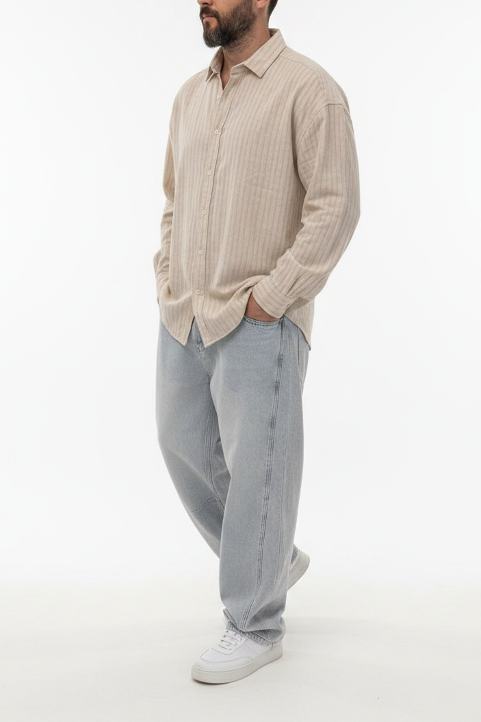 Oversized Πουκάμισο Linen-Blend Textured Stripe Studio – Μπεζ