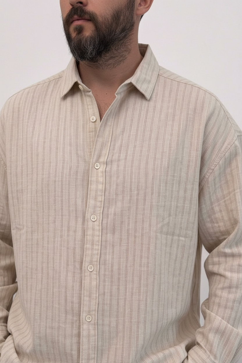 Oversized Πουκάμισο Linen-Blend Textured Stripe Studio – Μπεζ