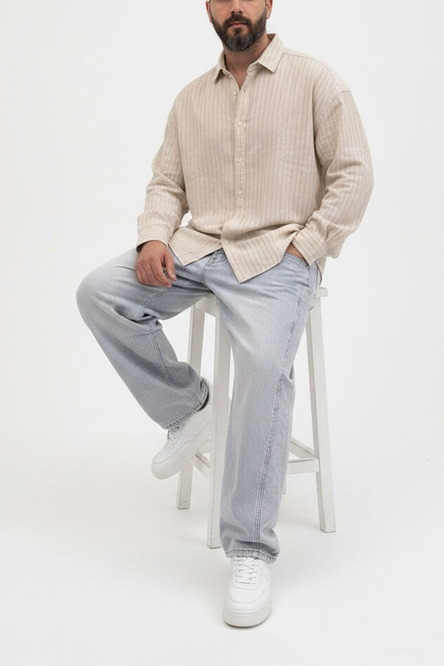 Oversized Πουκάμισο Linen-Blend Textured Stripe Studio – Μπεζ