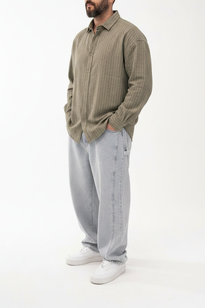 Oversized Πουκάμισο Linen-Blend Textured Stripe Studio – Χακί