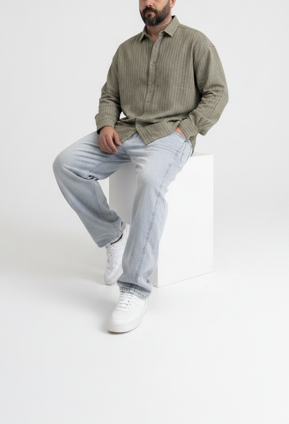 Oversized Πουκάμισο Linen-Blend Textured Stripe Studio – Χακί