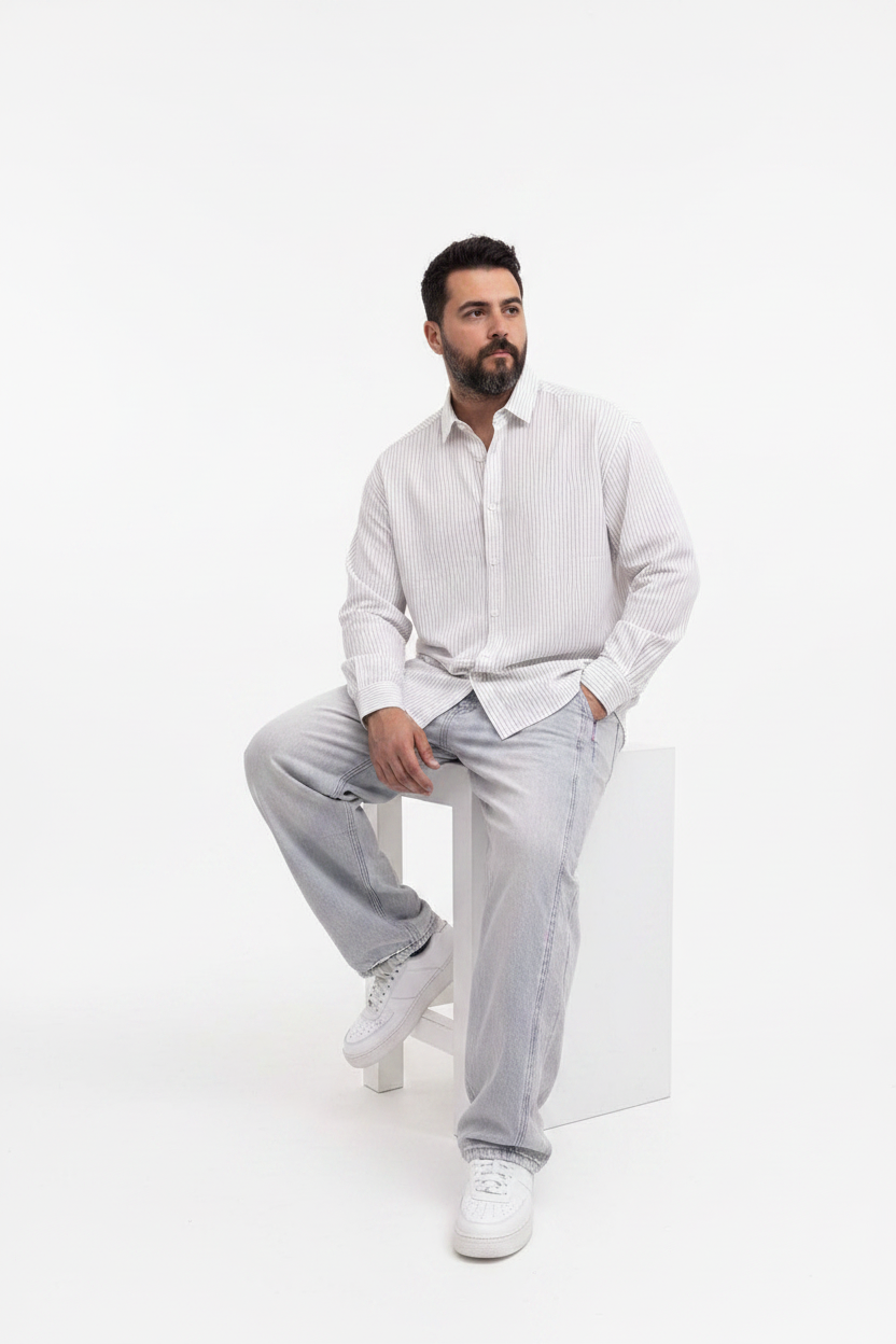 Oversized Πουκάμισο Linen-Blend Textured Stripe Studio –Λευκό
