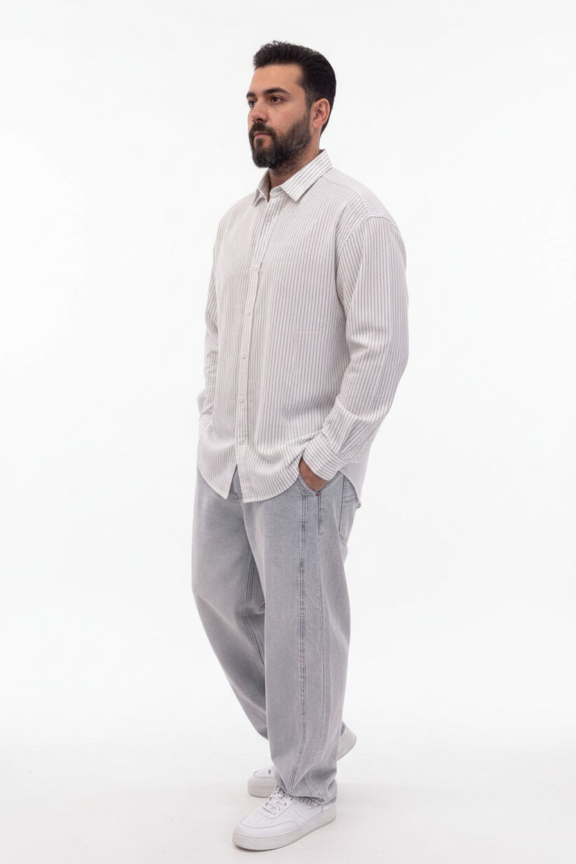 Oversized Πουκάμισο Linen-Blend Textured Stripe Studio –Λευκό