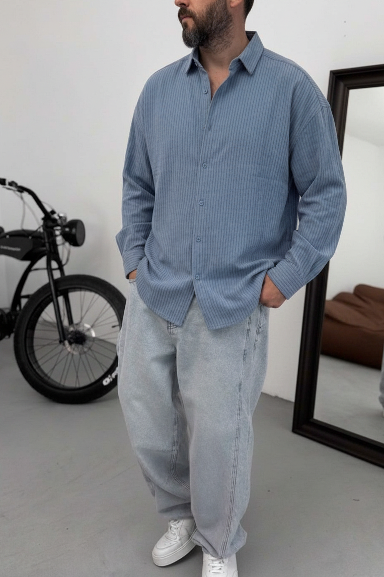 Oversized Πουκάμισο Linen-Blend Textured Stripe Studio – Μπλε