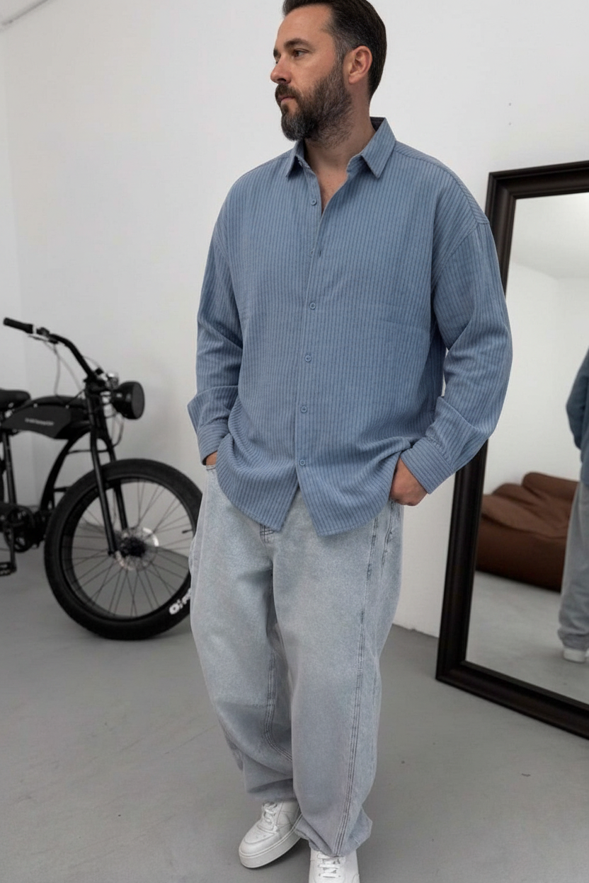 Oversized Πουκάμισο Linen-Blend Textured Stripe Studio – Μπλε
