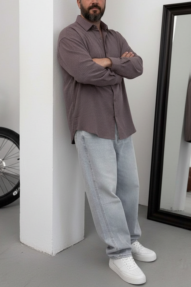 Oversized Πουκάμισο Linen-Blend Textured Stripe Studio – Σκούρο Καφέ