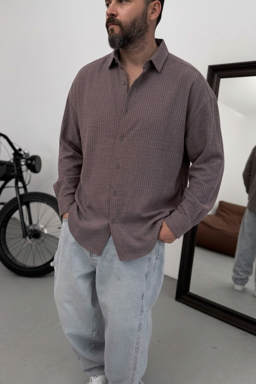 Oversized Πουκάμισο Linen-Blend Textured Stripe Studio – Σκούρο Καφέ