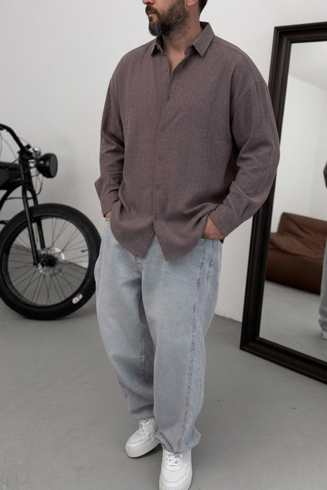 Oversized Πουκάμισο Linen-Blend Textured Stripe Studio – Σκούρο Καφέ