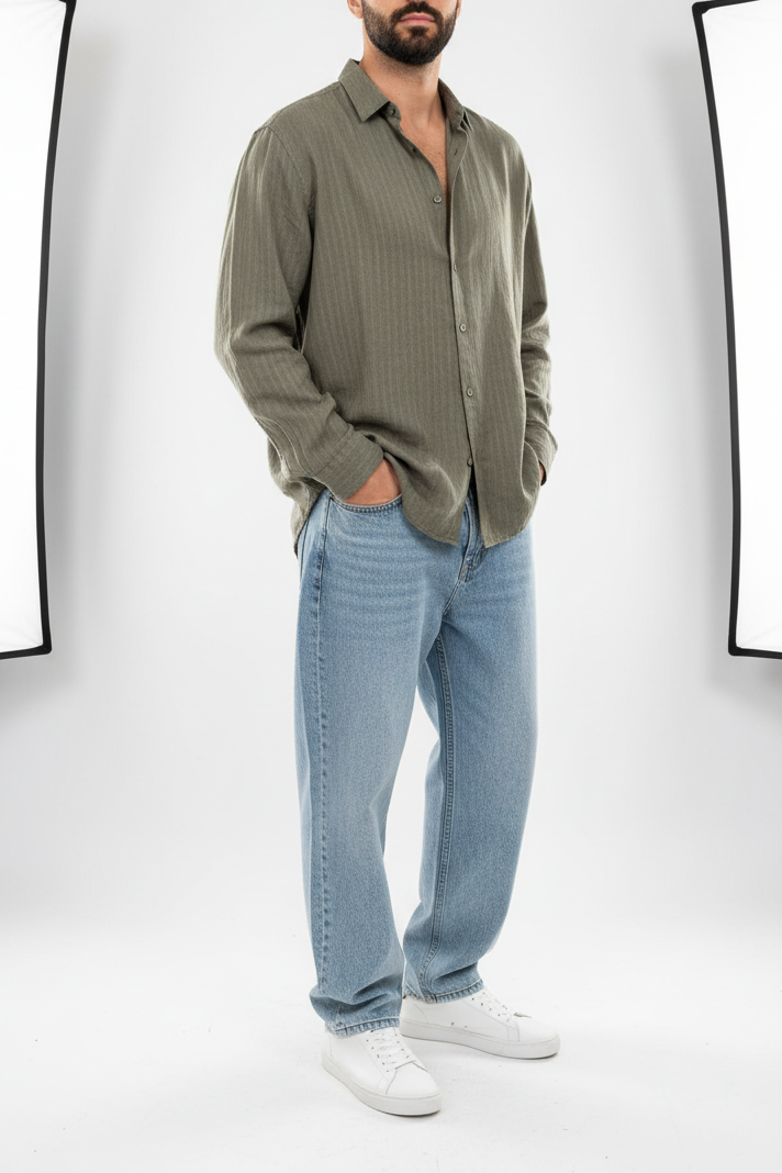 Oversized Πουκάμισο Linen-Blend Stripe Studio – Χακί
