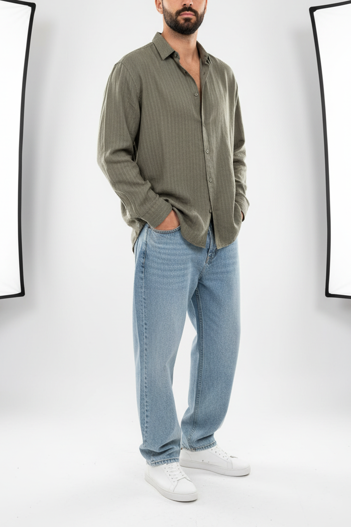 Oversized Πουκάμισο Linen-Blend Stripe Studio – Χακί