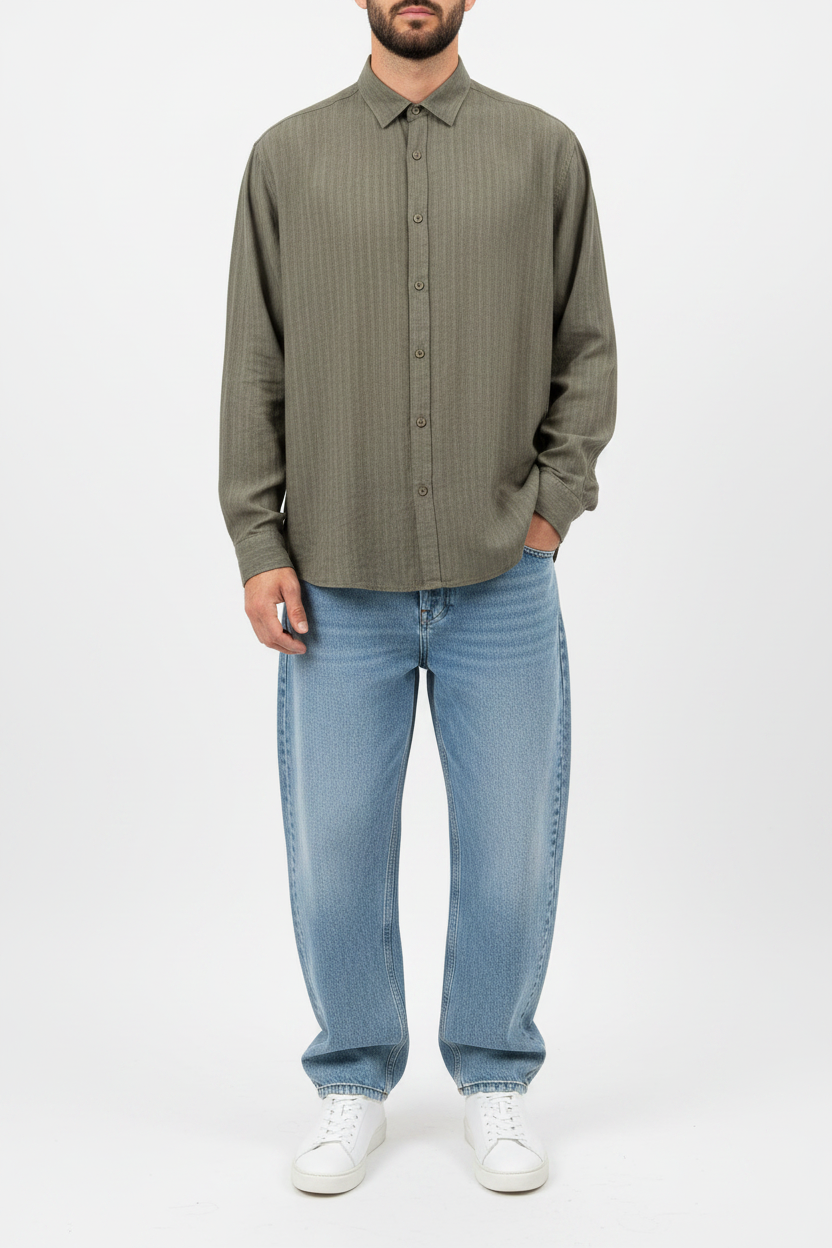 Oversized Πουκάμισο Linen-Blend Stripe Studio – Χακί
