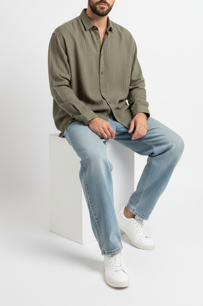 Oversized Πουκάμισο Linen-Blend Stripe Studio – Χακί