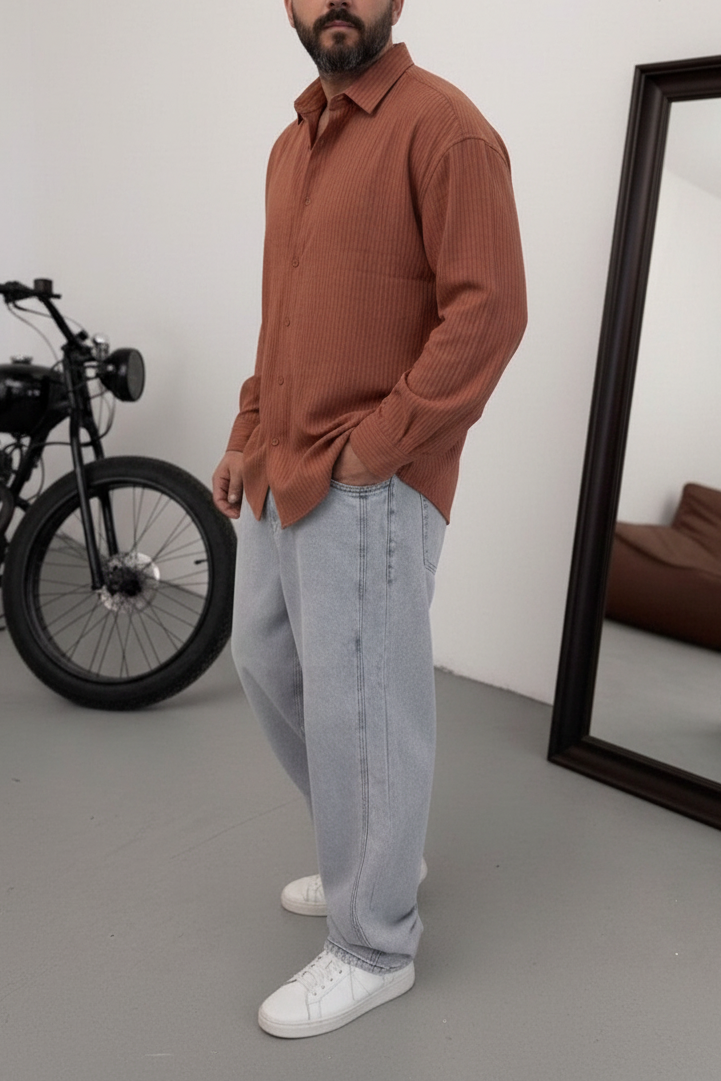 Oversized Πουκάμισο Linen-Blend Textured Stripe Studio – Κεραμιδή