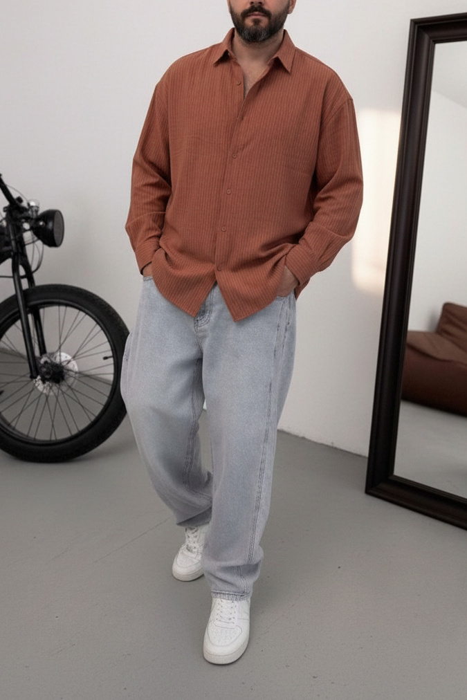 Oversized Πουκάμισο Linen-Blend Textured Stripe Studio – Κεραμιδή