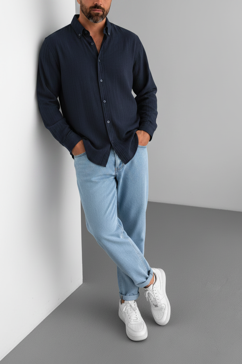 Relax Πουκάμισο με Ελαστική Ύφανση και Button-Down Γιακά -Σκούρο Μπλε
