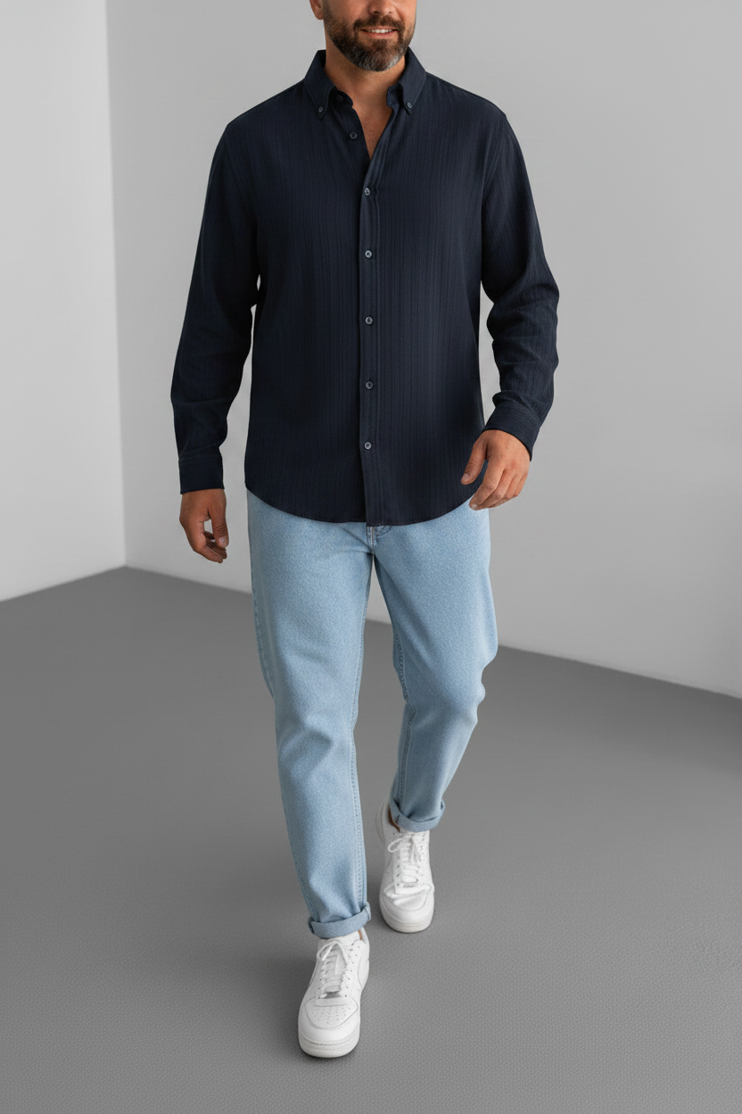 Relax Πουκάμισο με Ελαστική Ύφανση και Button-Down Γιακά -Σκούρο Μπλε