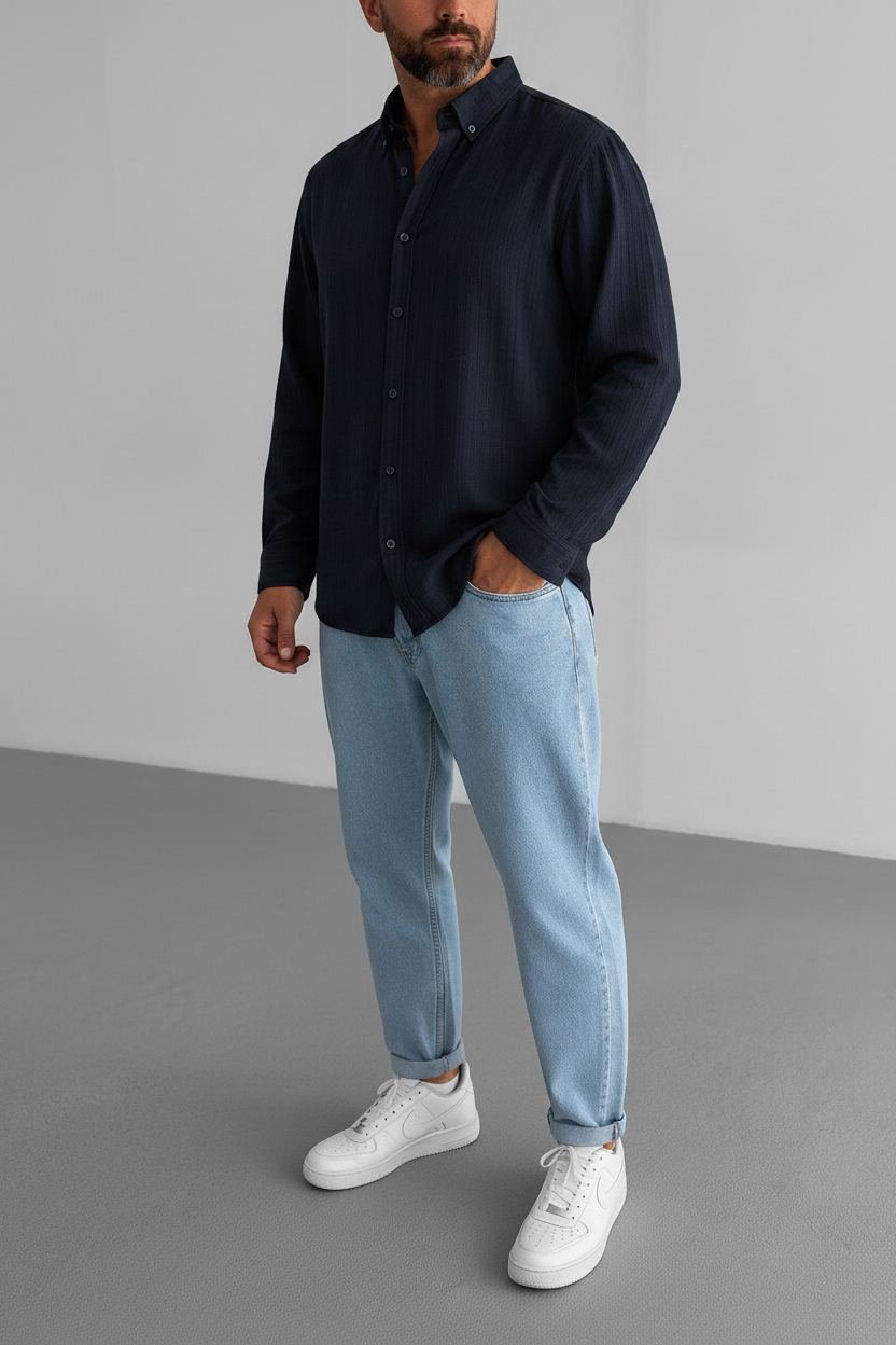 Relax Πουκάμισο με Ελαστική Ύφανση και Button-Down Γιακά -Σκούρο Μπλε