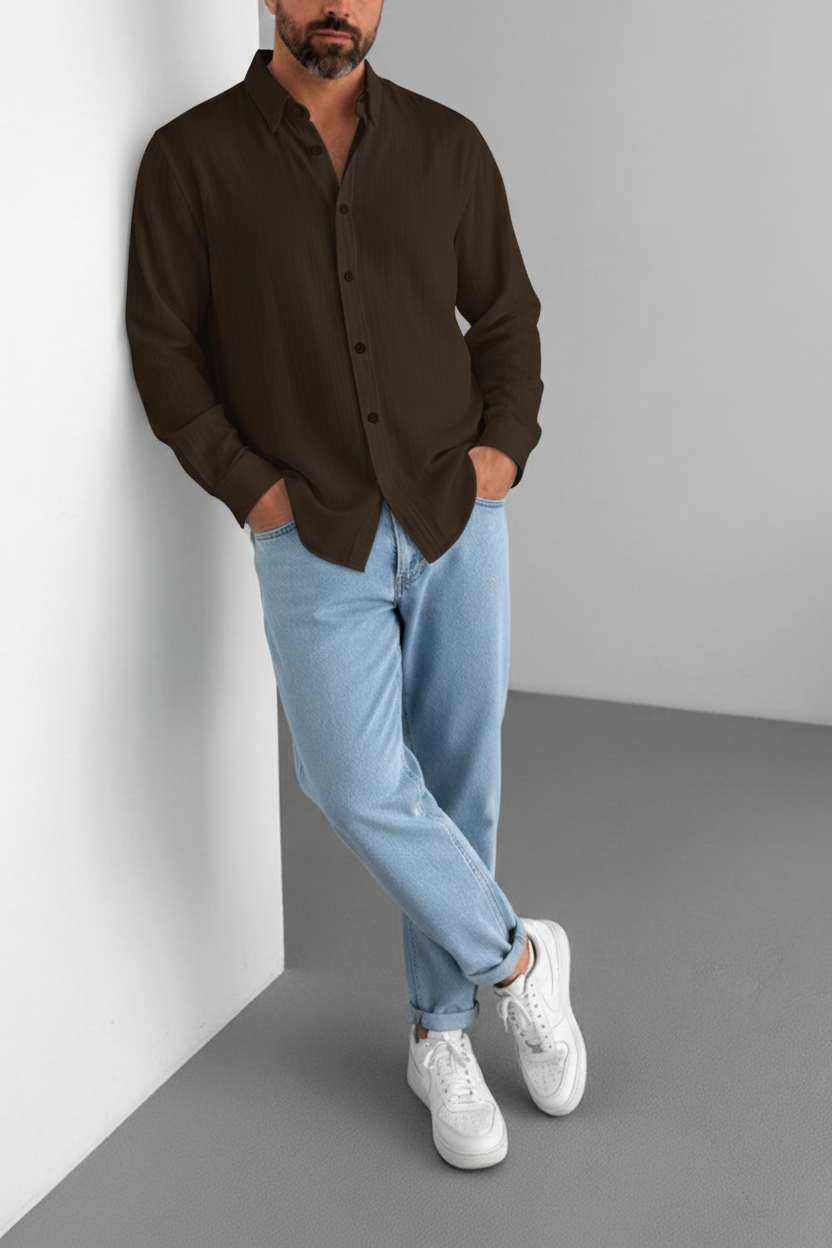 Relax Πουκάμισο με Ελαστική Ύφανση και Button-Down Γιακά -Σκουριές Καφέ