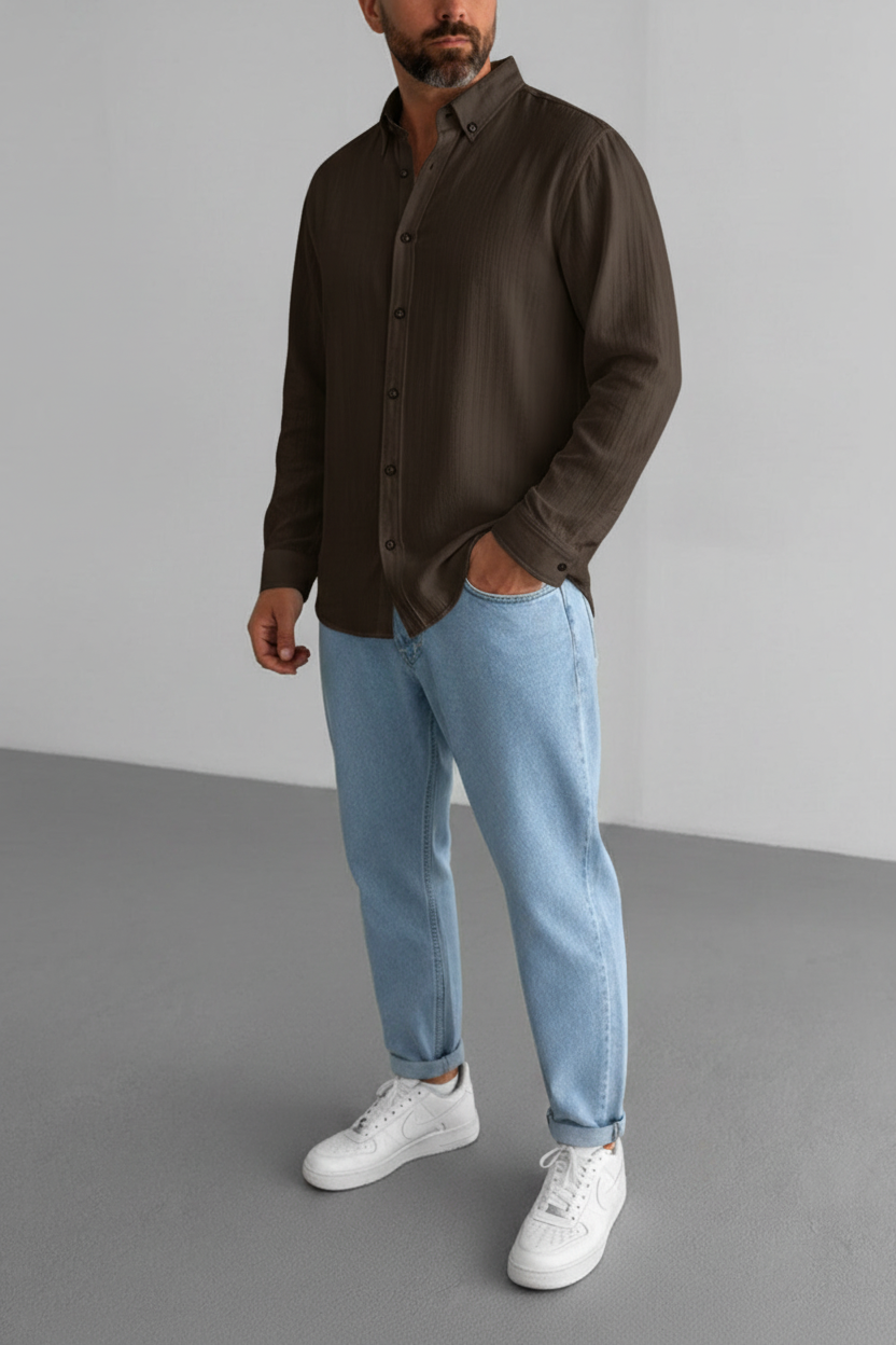 Relax Πουκάμισο με Ελαστική Ύφανση και Button-Down Γιακά -Σκουριές Καφέ
