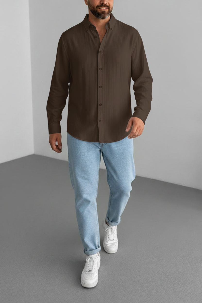 Relax Πουκάμισο με Ελαστική Ύφανση και Button-Down Γιακά -Σκουριές Καφέ