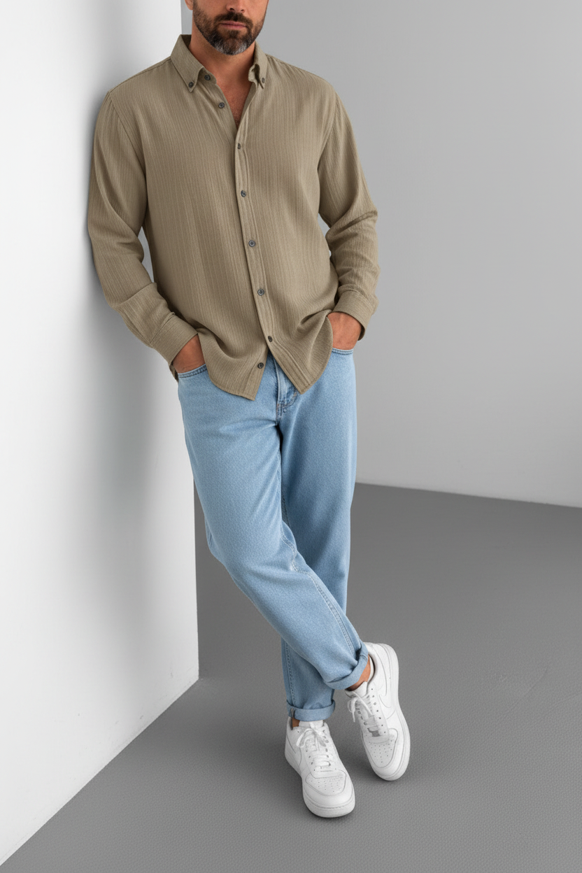 Relax Πουκάμισο με Ελαστική Ύφανση και Button-Down Γιακά -Χακι