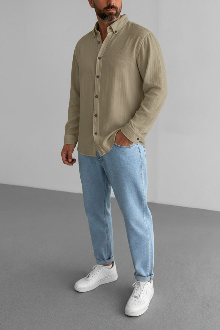 Relax Πουκάμισο με Ελαστική Ύφανση και Button-Down Γιακά -Χακι