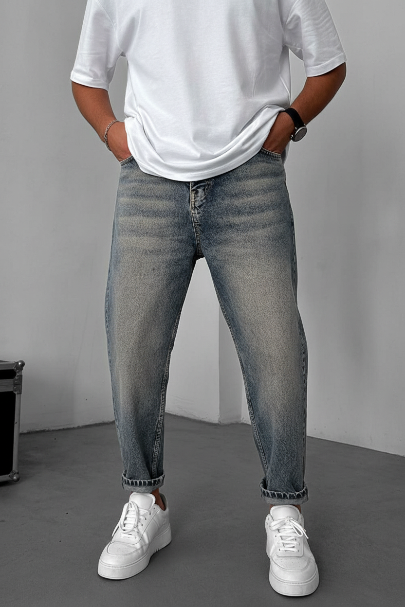 Washed Loose Fit Jean με Vintage Effect - Ανοιχτό Μπλε