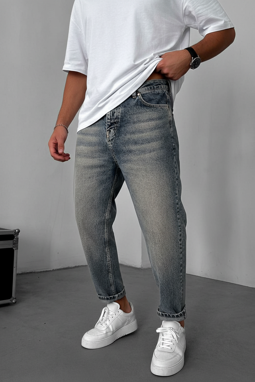 Washed Loose Fit Jean με Vintage Effect - Ανοιχτό Μπλε