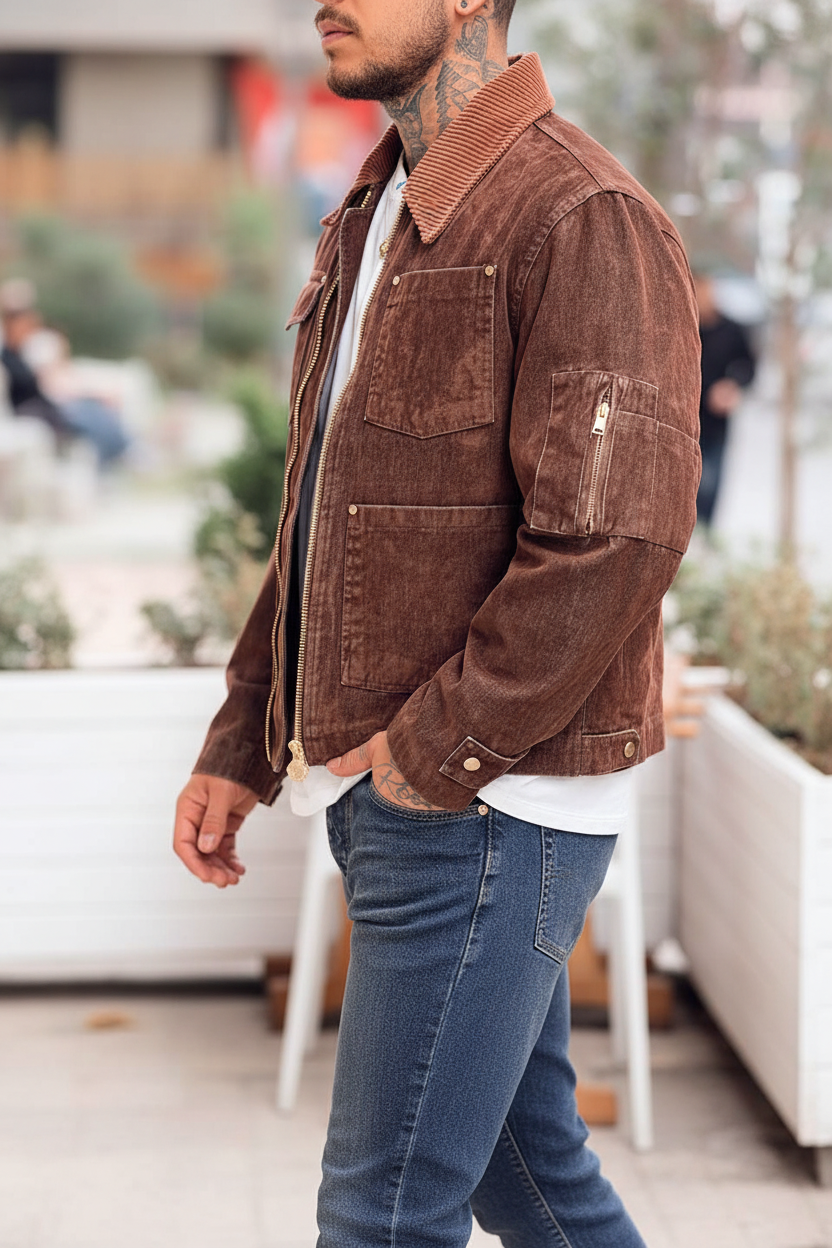 Βελούδινο Jacket Διπλού Χρώματος με Pocket Detail – Καφέ