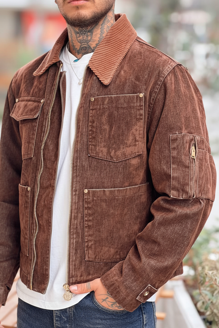 Βελούδινο Jacket Διπλού Χρώματος με Pocket Detail – Καφέ