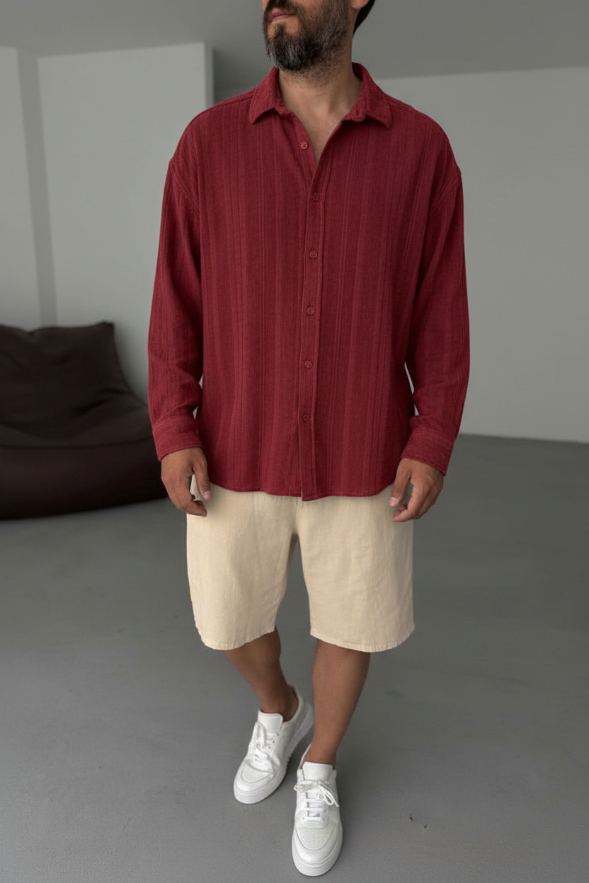 Πουκάμισο Linen-Blend Vertical Stripe Studio – Κόκκινο-Μπορντό