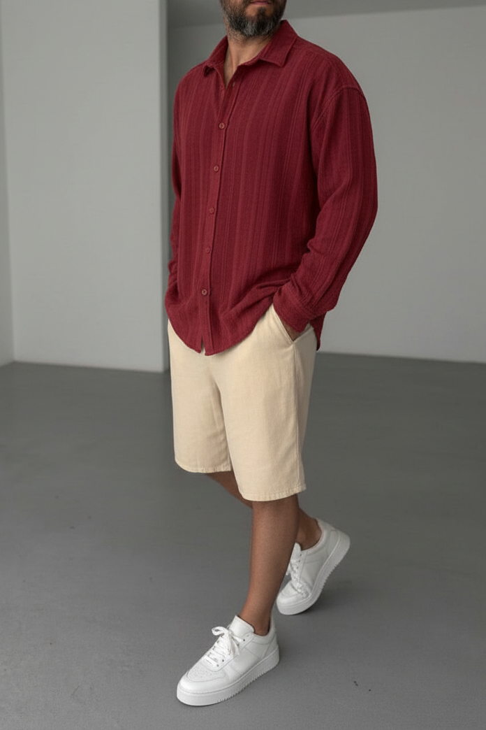 Πουκάμισο Linen-Blend Vertical Stripe Studio – Κόκκινο-Μπορντό