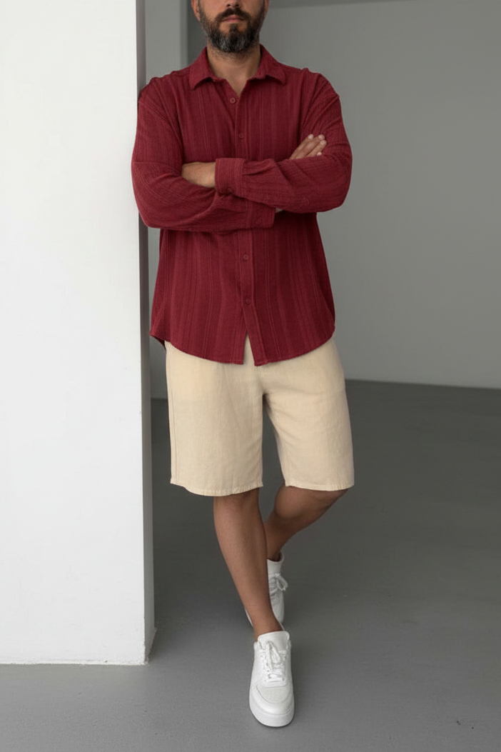 Πουκάμισο Linen-Blend Vertical Stripe Studio – Κόκκινο-Μπορντό