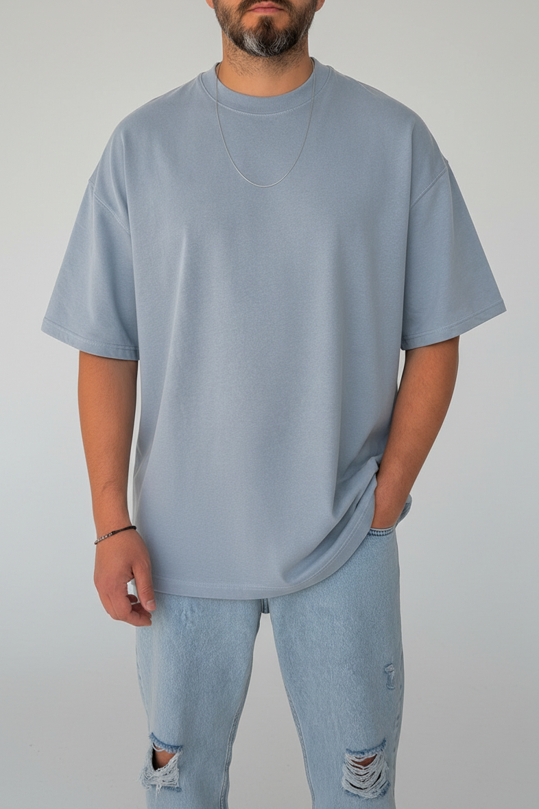 Basic oversized t-shirt με οβάλ τελείωμα σε ύφανση δύο κλωστών- γαλάζιο