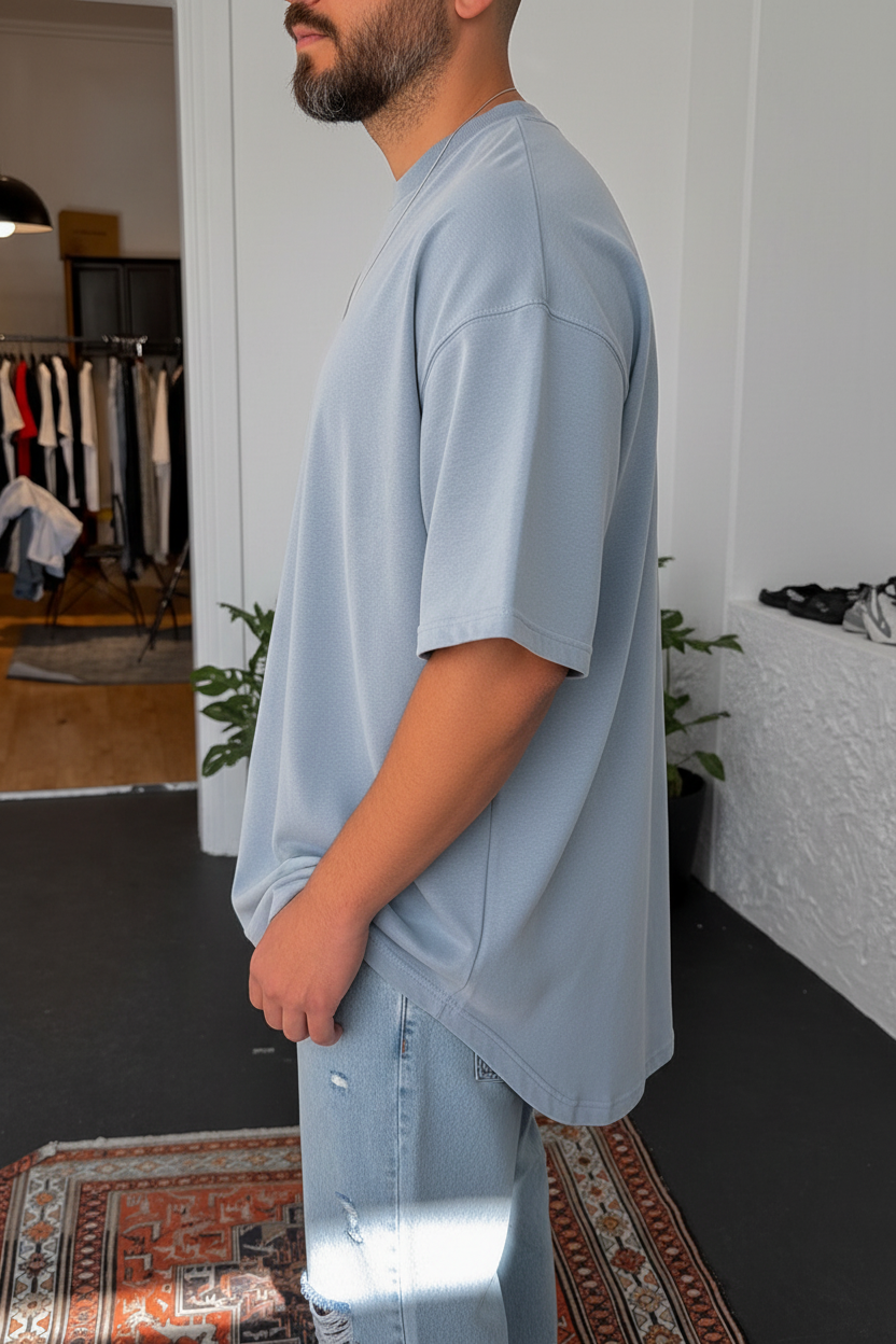 Basic oversized t-shirt με οβάλ τελείωμα σε ύφανση δύο κλωστών- γαλάζιο