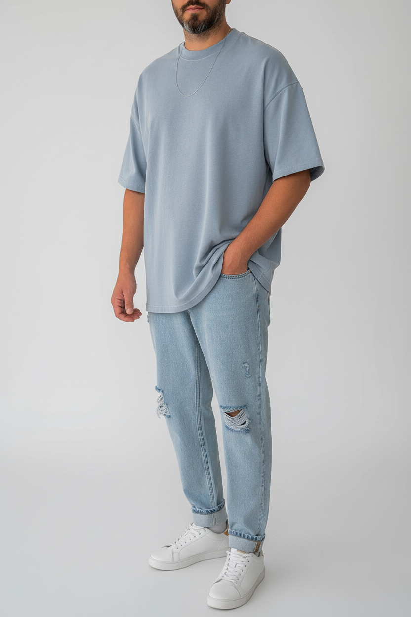Basic oversized t-shirt με οβάλ τελείωμα σε ύφανση δύο κλωστών- γαλάζιο