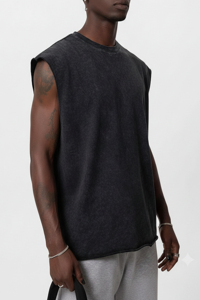 Basic Oversized Αμάνικο T-Shirt - Μαύρο Ξεβαμμένο