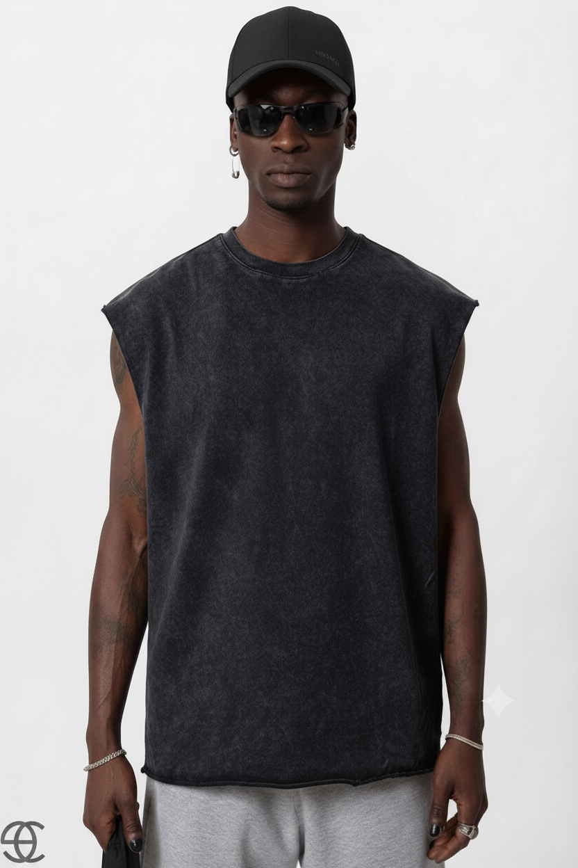 Basic Oversized Αμάνικο T-Shirt - Μαύρο Ξεβαμμένο