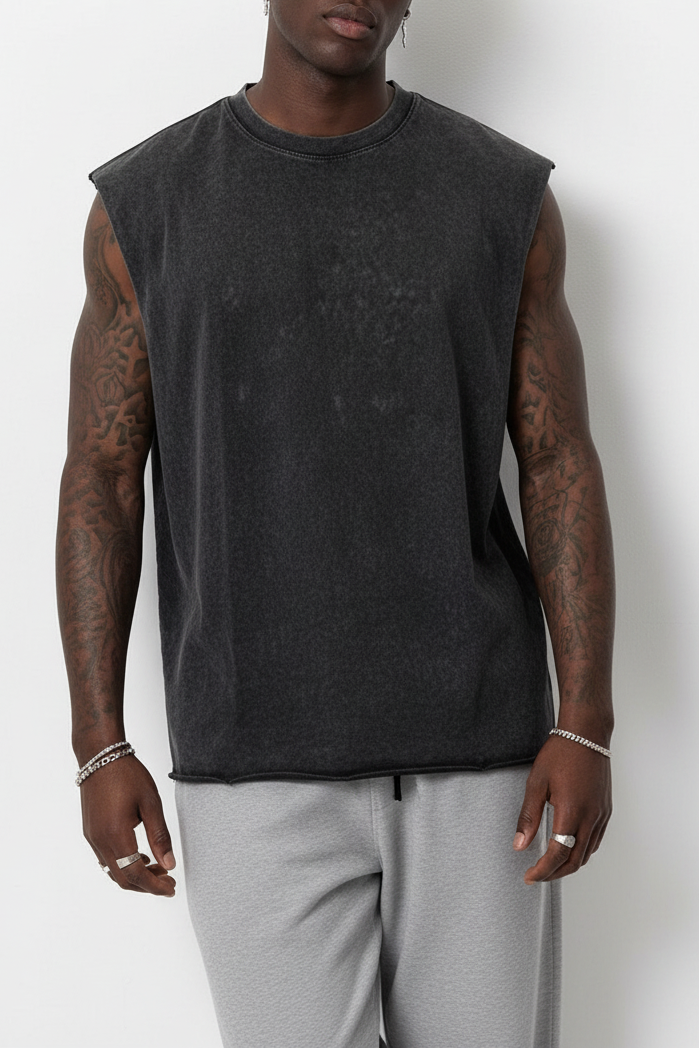 Basic Oversized Αμάνικο T-Shirt - Μαύρο Ξεβαμμένο