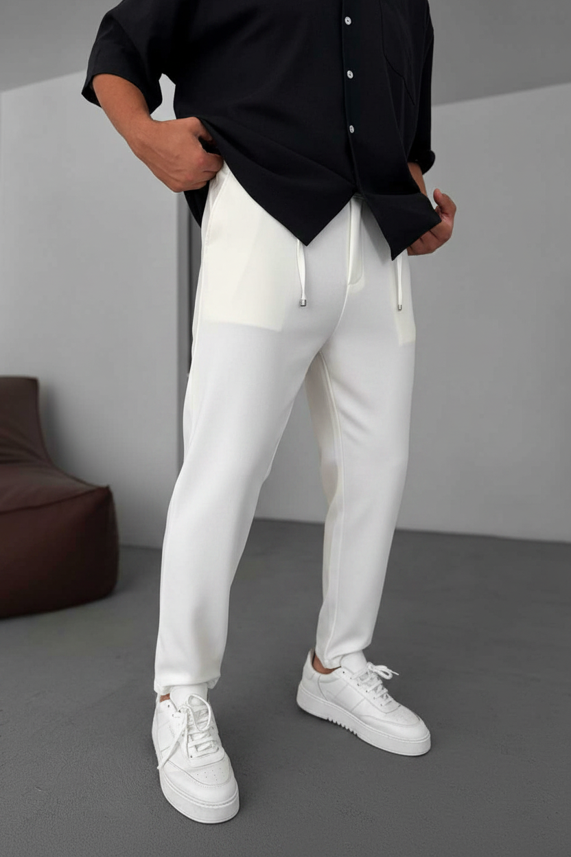 Relaxed Fit Υφασμάτινο Παντελόνι με Λάστιχο – Λευκό