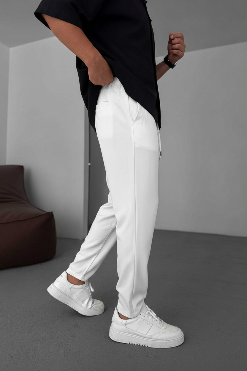 Relaxed Fit Υφασμάτινο Παντελόνι με Λάστιχο – Λευκό